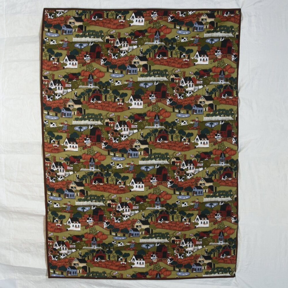 New, handmade, quilted farm scene with cows, pumpkins, scarecrow, barn and ponds
